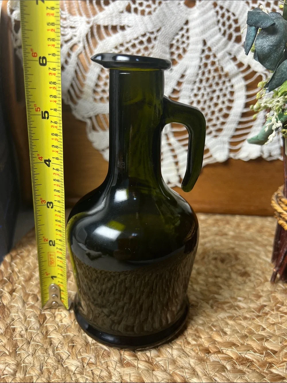 Vintage Vetro Brev Olive Green Glass Cruet Pitcher Italy Style MCM